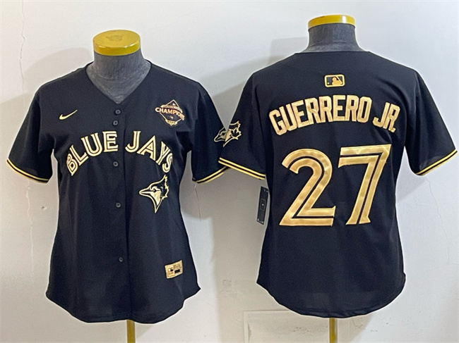 Women's Toronto Blue Jays #27 Vladimir Guerrero Jr. Black Gold 2025 American League Champions Limited Stitched Baseball Jersey(Run Small) Women's Toronto Blue Jays #27 Vladimir Guerrero Jr. Black Gold 2025 American League Champions Limited Stitched Baseball Jersey(Run Small)